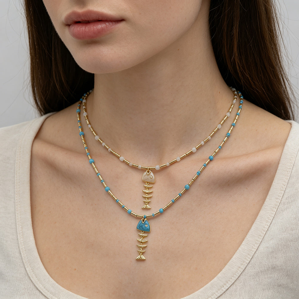 Handmade Natural Turquoise Blue Moonstone Beads Fish Enamel Pendant Necklace
