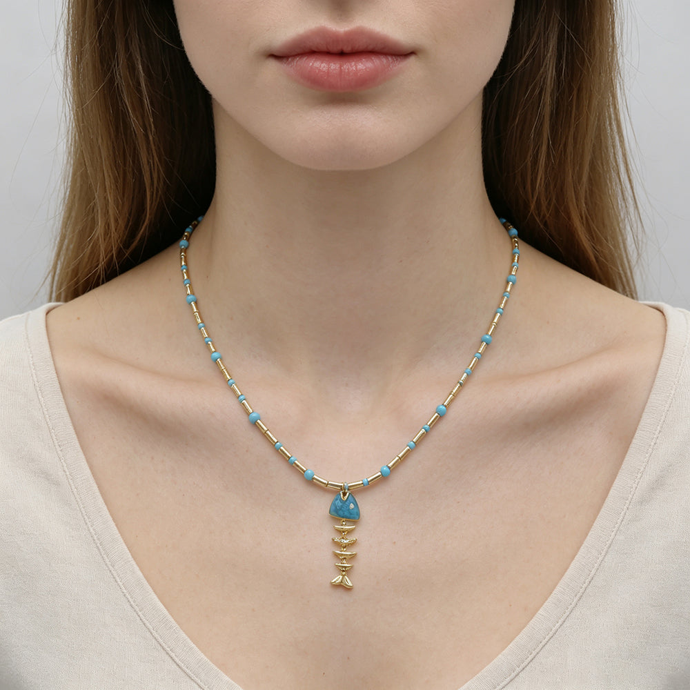 Handmade Natural Turquoise Blue Moonstone Beads Fish Enamel Pendant Necklace