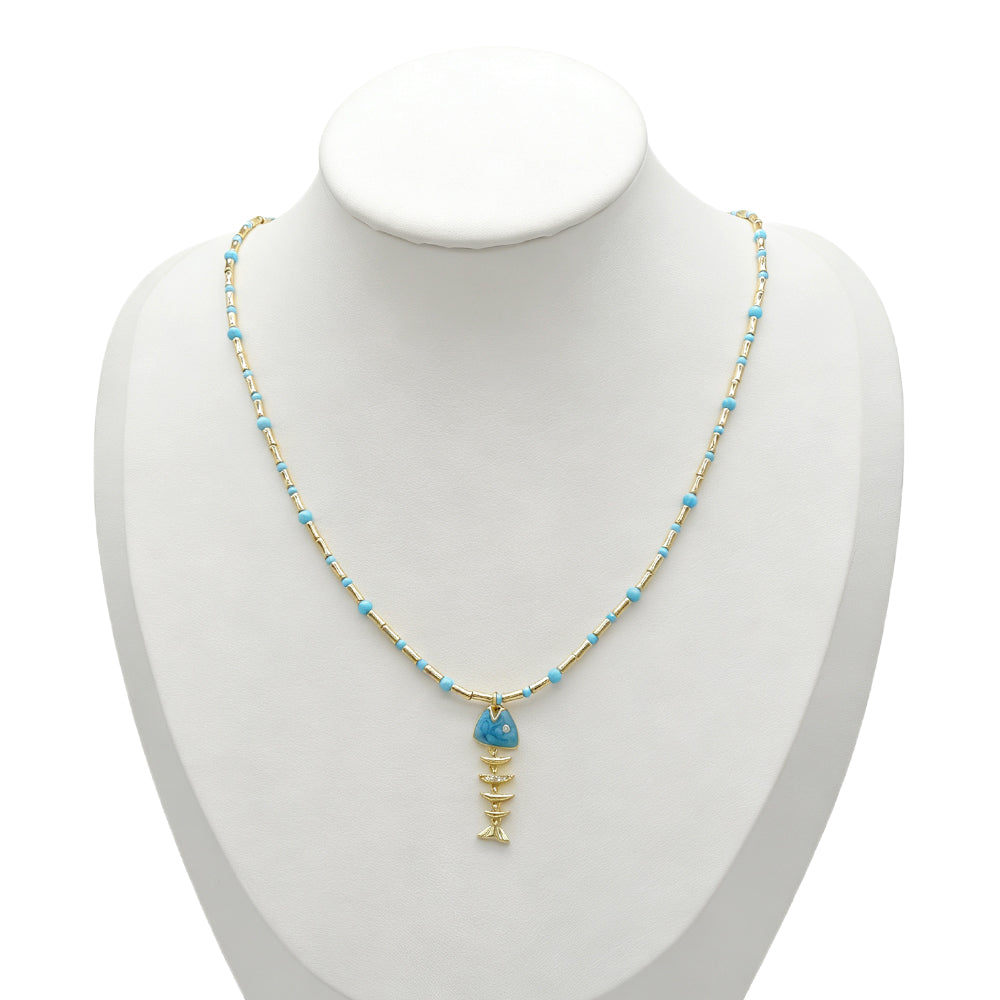 Handmade Natural Turquoise Blue Moonstone Beads Fish Enamel Pendant Necklace
