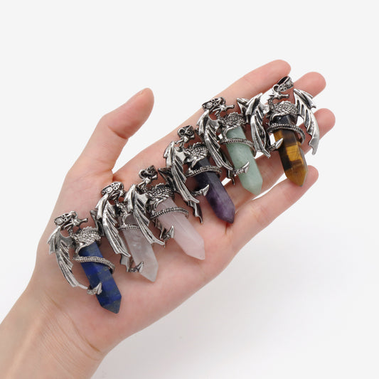 Wholesale Custom Natural Crystal Healing Energy Stone Dragon Charm Jewelry Hexagonal Natural Stone Dragon Pendant For Men Women