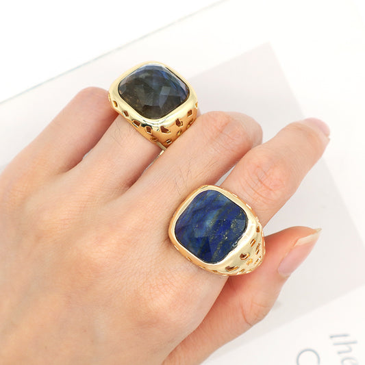 Wholesale Custom Purple Brown Blue Stone Adjustable Opening Finger Ring Women Gift Gold Plated Gemstone Natural Stone Ring