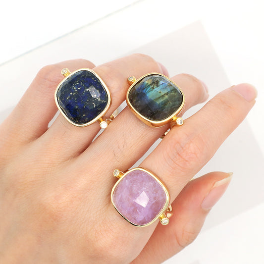Purple Brown Blue Stone Adjustable Opening Ring Wholesale Custom Women Gold Plated Gemstone Natural Stone Finger Ring For Gift