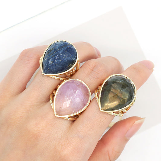 Adjustable Opening Gemstone Finger Ring Customized Wholesale Fashion Gift Gold Plated Water Drop Natural Stone Ring For Women