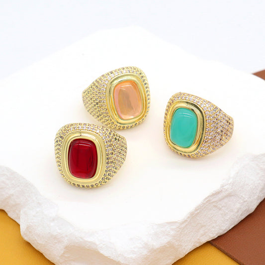Wholesale Factory Custom Adjustable Opening Finger Ring Gift Jewelry Gold Plated Red Pink Blue Glass Crystal Ring For Women