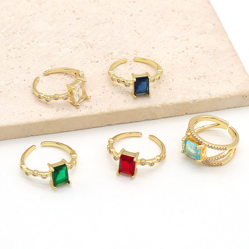 Adjustable Opening Finger Ring Wholesale Customized Jewelry Gold Plated Red Blue Green Glass Crystal Ring For Women Gift