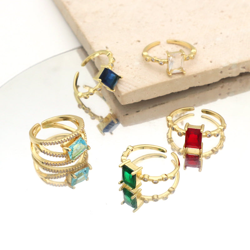 Adjustable Opening Finger Ring Wholesale Customized Jewelry Gold Plated Red Blue Green Glass Crystal Ring For Women Gift