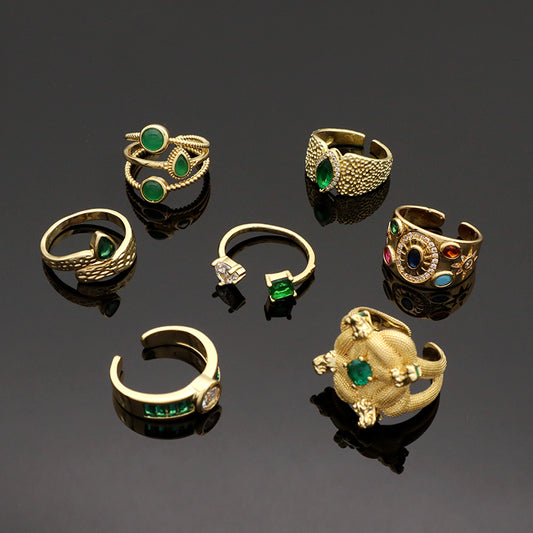 Manufacture Wholesale Factory Custom Adjustable Opening Finger Ring Gift Jewelry Gold Plated Green Glass Crystal Ring For Women
