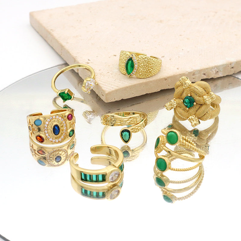 Manufacture Wholesale Factory Custom Adjustable Opening Finger Ring Gift Jewelry Gold Plated Green Glass Crystal Ring For Women