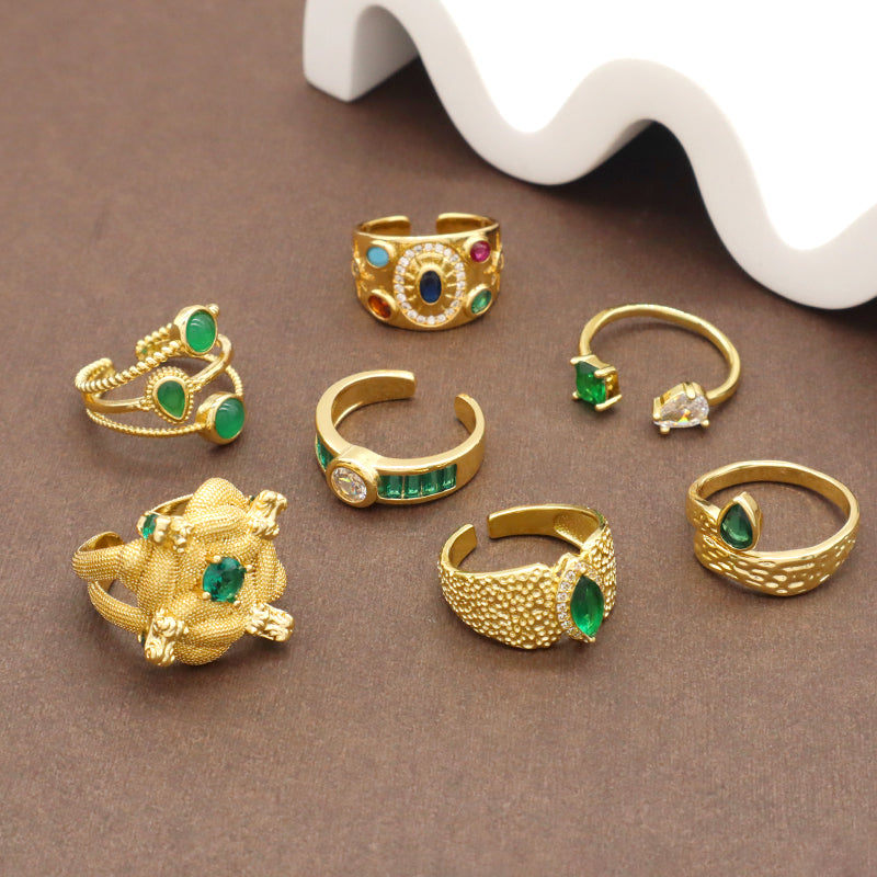 Manufacture Wholesale Factory Custom Adjustable Opening Finger Ring Gift Jewelry Gold Plated Green Glass Crystal Ring For Women