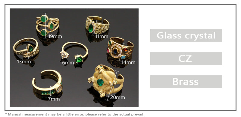 Manufacture Wholesale Factory Custom Adjustable Opening Finger Ring Gift Jewelry Gold Plated Green Glass Crystal Ring For Women