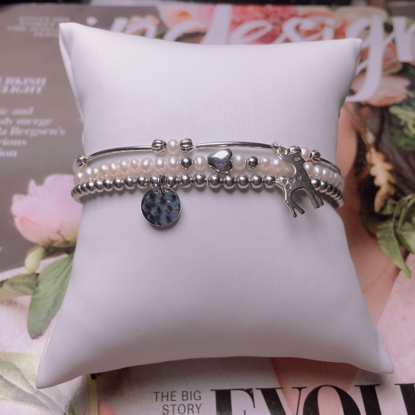 Women Fresh Water Natural Pearl 925 Silver Charms Elastic Beads Bracelet