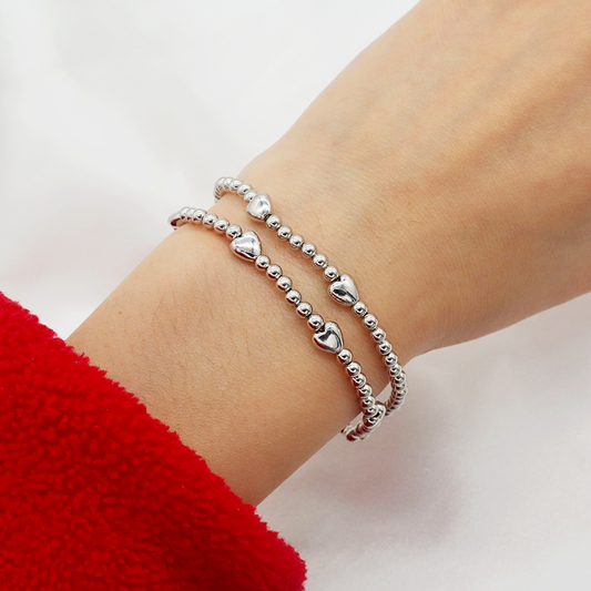Hot sale heart charm 925 silver beads bracelet cute love 3mm sterling silver girl bracelets