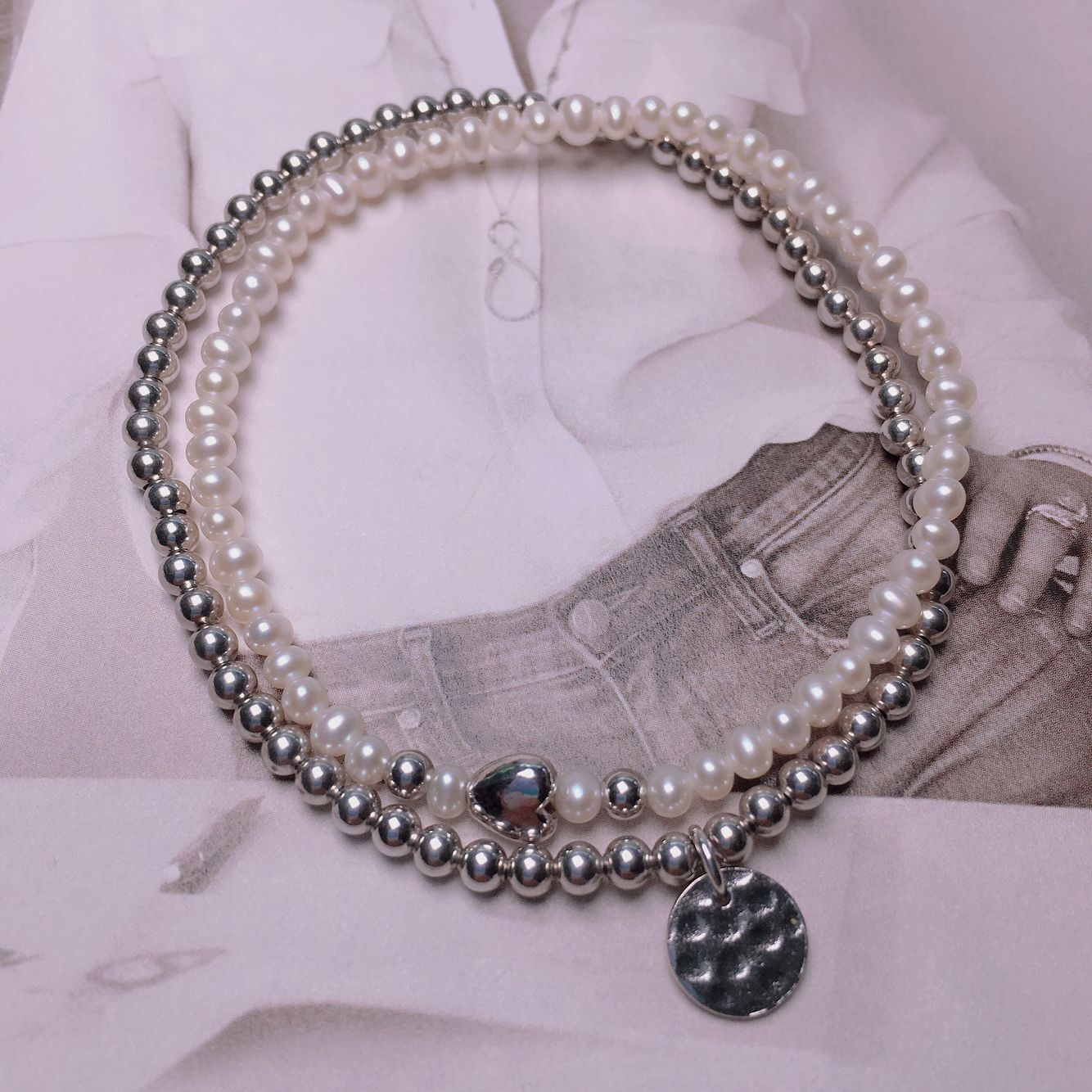 Women Fresh Water Natural Pearl 925 Silver Charms Elastic Beads Bracelet