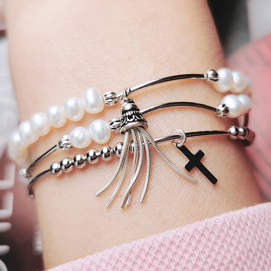 4A high quality fresh water pearl bracelet 925 silver charm bracelet with 4mm pearl bead tassel charm bracelet