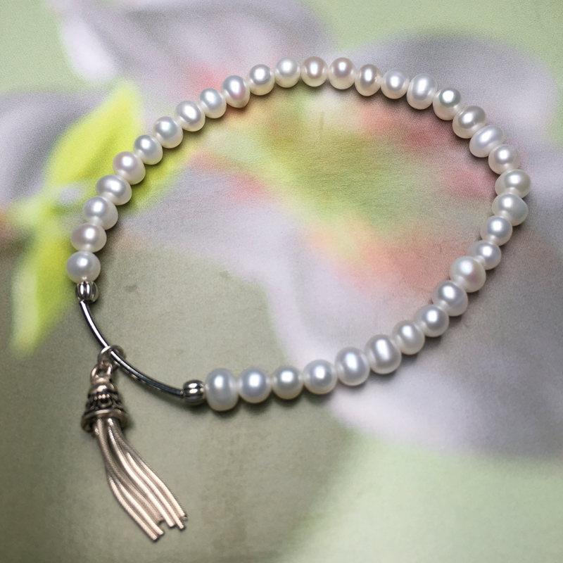 4A high quality fresh water pearl bracelet 925 silver charm bracelet with 4mm pearl bead tassel charm bracelet