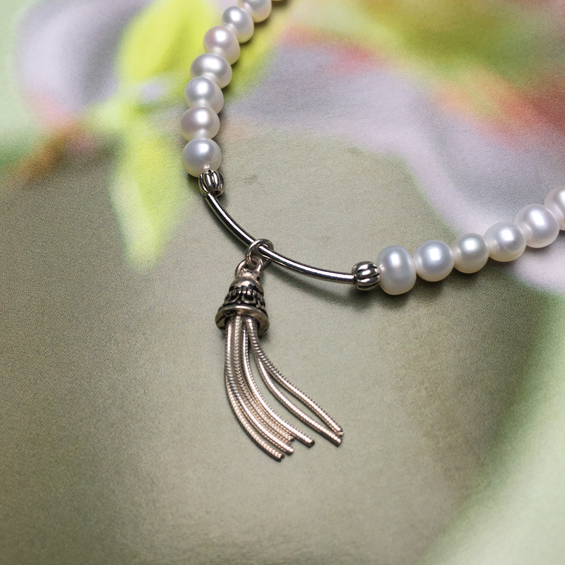 4A high quality fresh water pearl bracelet 925 silver charm bracelet with 4mm pearl bead tassel charm bracelet