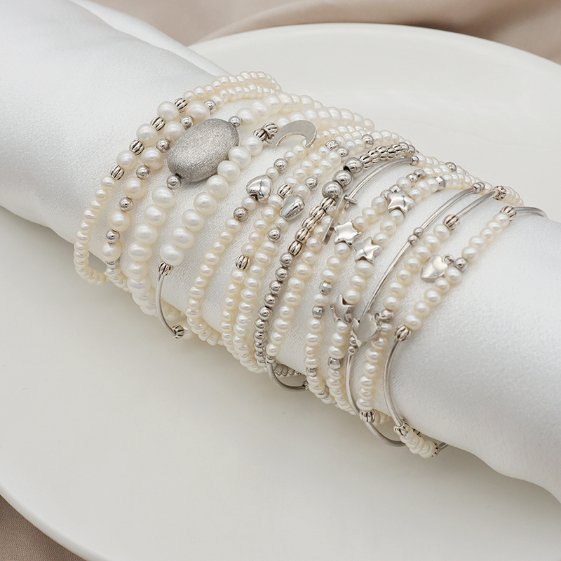 Euro Women jewelry 925 sterling silver beads high quality natural fresh water pearl elastic bracelet set