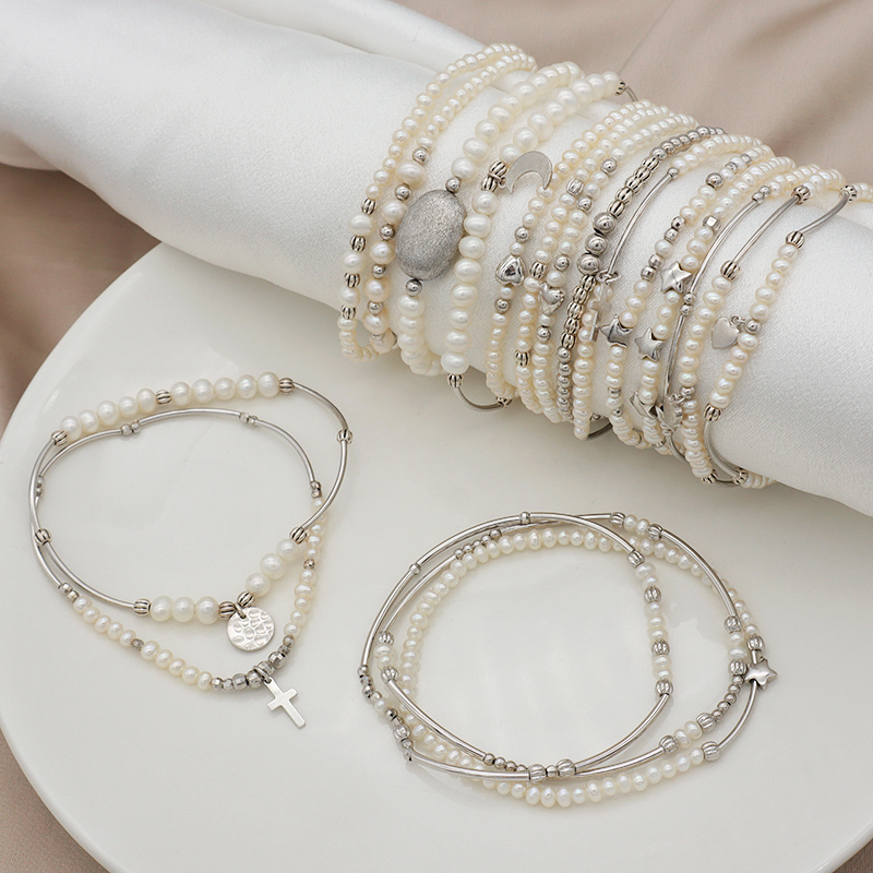 Euro Women jewelry 925 sterling silver beads high quality natural fresh water pearl elastic bracelet set