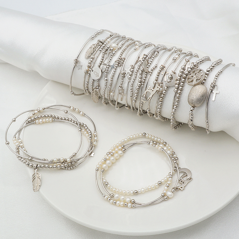 Euro Women jewelry 925 sterling silver beads high quality natural fresh water pearl elastic bracelet set