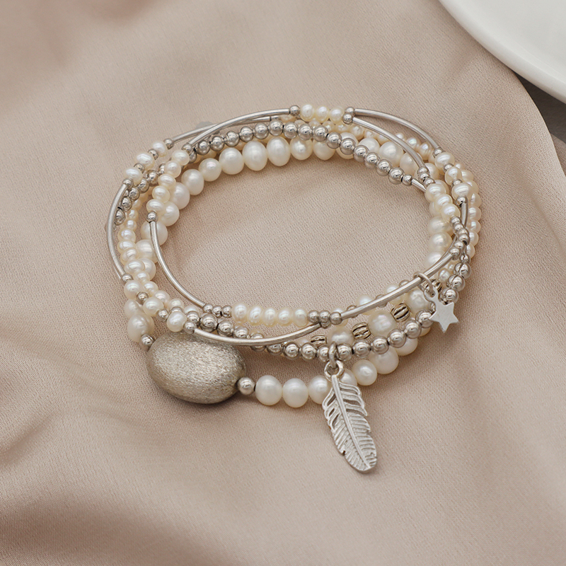 Euro Women jewelry 925 sterling silver beads high quality natural fresh water pearl elastic bracelet set