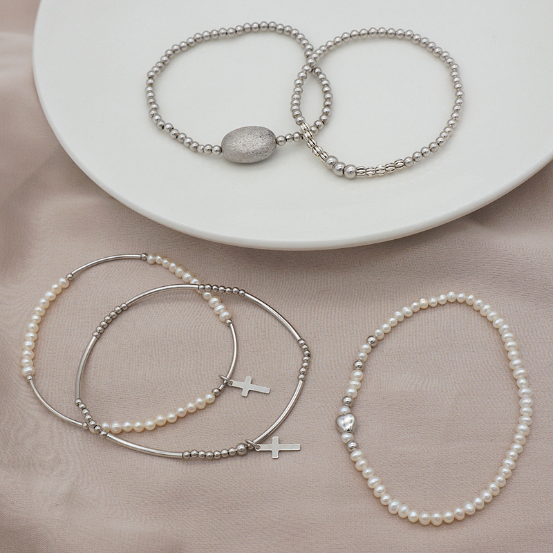Euro Women jewelry 925 sterling silver beads high quality natural fresh water pearl elastic bracelet set