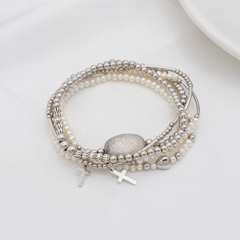 Euro Women jewelry 925 sterling silver beads high quality natural fresh water pearl elastic bracelet set
