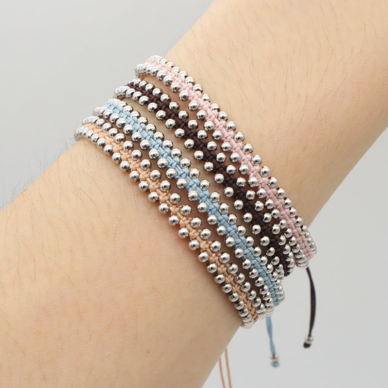 Custom New Wholesale Fashion Design 925 Sterling Silver Beads Cotton Wire Lace Double Layer Woven Handmade Bracelet