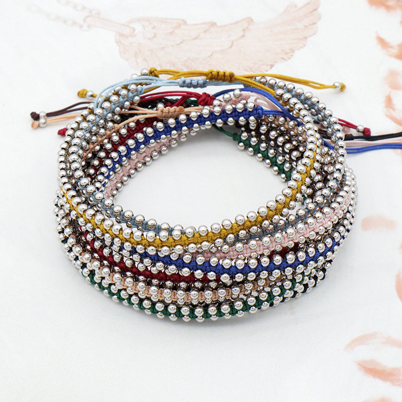 Custom New Wholesale Fashion Design 925 Sterling Silver Beads Cotton Wire Lace Double Layer Woven Handmade Bracelet