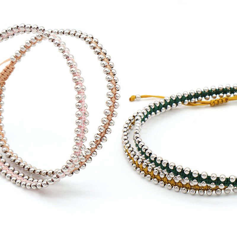 Custom New Wholesale Fashion Design 925 Sterling Silver Beads Cotton Wire Lace Double Layer Woven Handmade Bracelet
