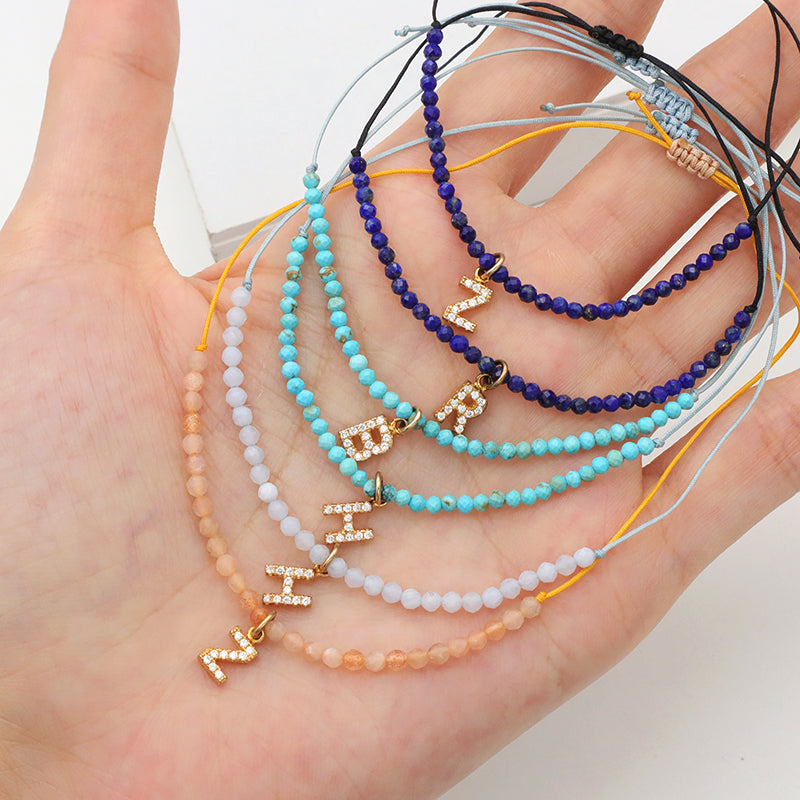Diy 925 sterling silver initial letters charm String Bracelet Women handmade custom Braided Rope natural stone beaded bracelet