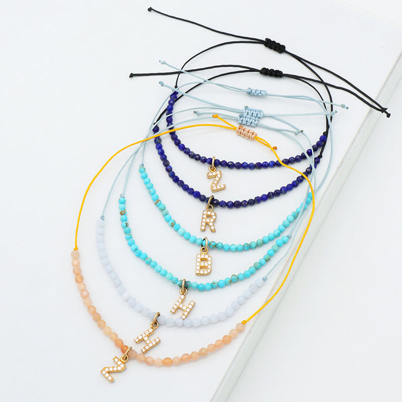 Diy 925 sterling silver initial letters charm String Bracelet Women handmade custom Braided Rope natural stone beaded bracelet