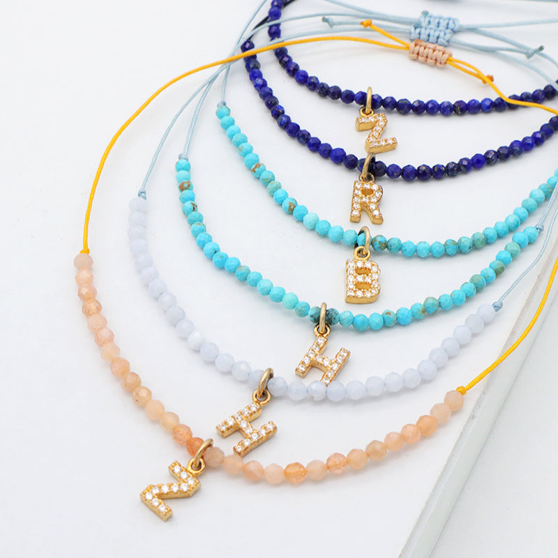 Diy 925 sterling silver initial letters charm String Bracelet Women handmade custom Braided Rope natural stone beaded bracelet