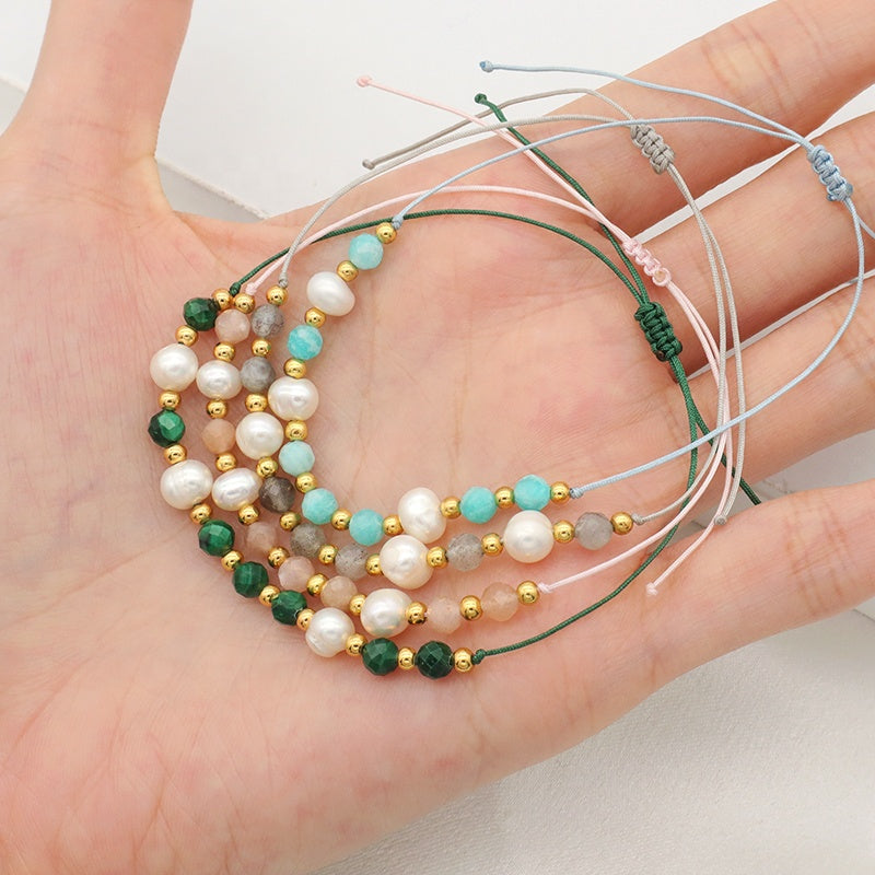 Fashion 925 Sterling Silver Beads Mix Natural Stone Fresh Water Pearl Bracelet Adjustable String Beads Bracelet