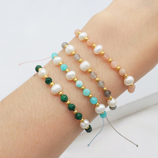 Fashion 925 Sterling Silver Beads Mix Natural Stone Fresh Water Pearl Bracelet Adjustable String Beads Bracelet