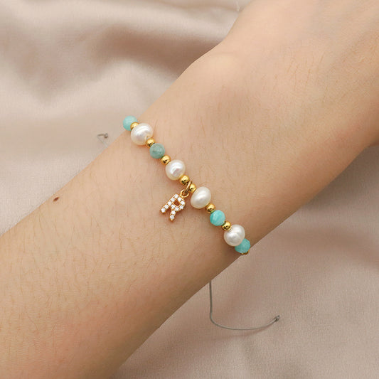 Handmade fresh water pearl String Bracelet Gold Plated 925 sterling silver letter charm Bead Jewelry stone woven bracelet