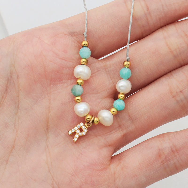 Handmade fresh water pearl String Bracelet Gold Plated 925 sterling silver letter charm Bead Jewelry stone woven bracelet