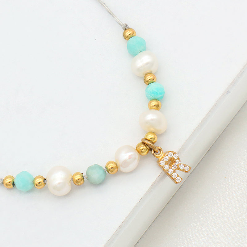 Handmade fresh water pearl String Bracelet Gold Plated 925 sterling silver letter charm Bead Jewelry stone woven bracelet