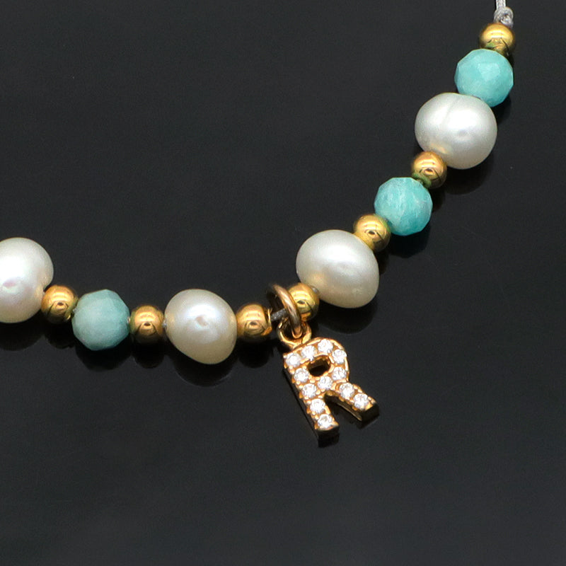 Handmade fresh water pearl String Bracelet Gold Plated 925 sterling silver letter charm Bead Jewelry stone woven bracelet