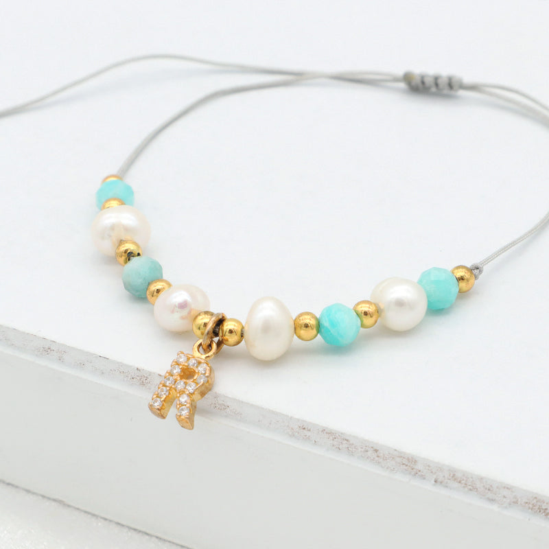 Handmade fresh water pearl String Bracelet Gold Plated 925 sterling silver letter charm Bead Jewelry stone woven bracelet