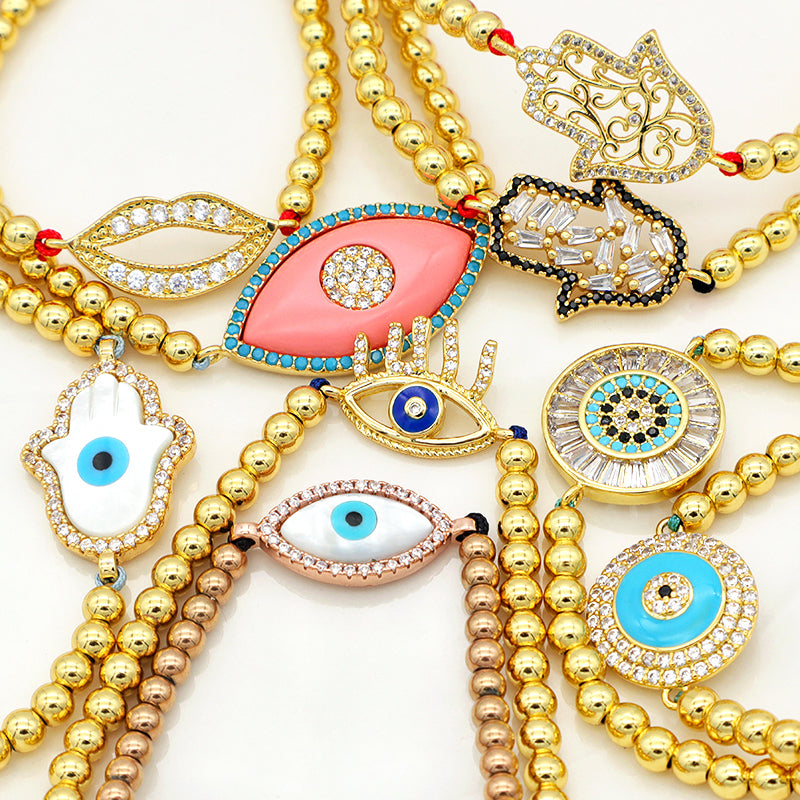 Trendy Women Jewelry Evils Eye Charm Bracelet Bangle 18k Gold Plated Beaded Evils Eye Jewelry