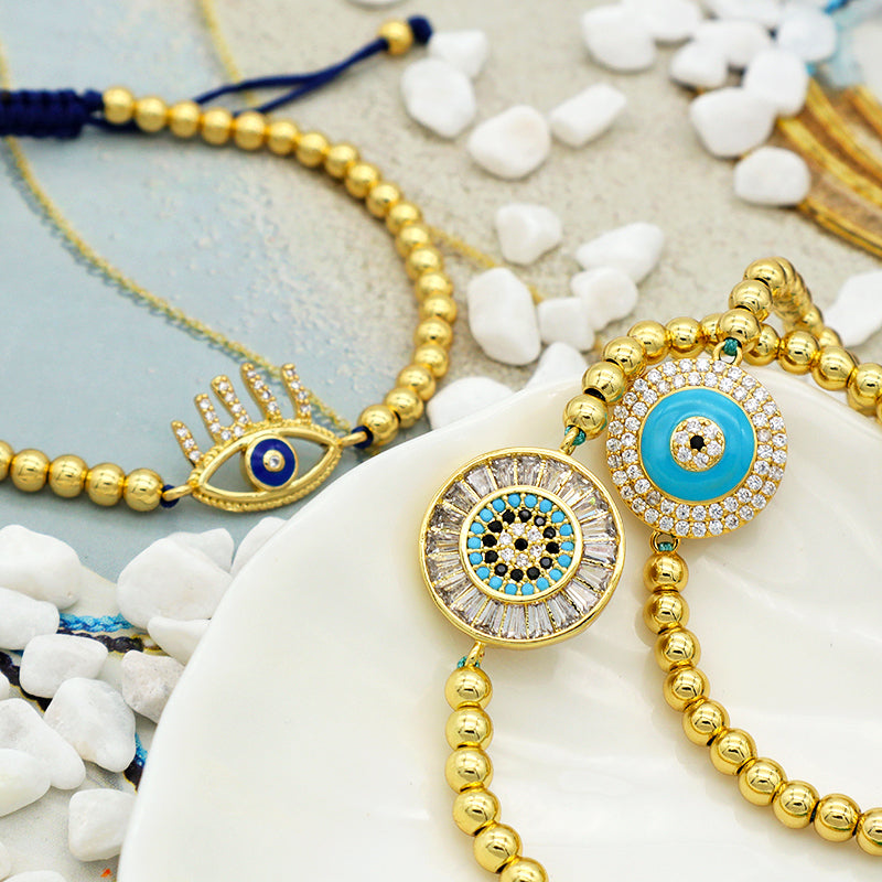 Trendy Women Jewelry Evils Eye Charm Bracelet Bangle 18k Gold Plated Beaded Evils Eye Jewelry