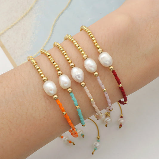 Elegant Handmade Women Fresh Water Pearl Gold Plated 925 Sterling Silver Beads Natural Stone Beads Jewelry Adjustable Miyuki Beaded Bracelet
