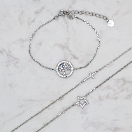 Manufaceture Factory Wholesale Custom 925 sterling silver charm with CZ cross star tree ladies bracelet For women Gift