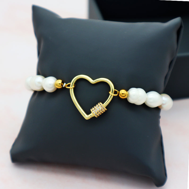 Heart shaped brass charm fresh water pearl jewelry bracelet trendy fro woman jewelry