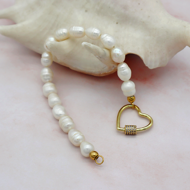 Heart shaped brass charm fresh water pearl jewelry bracelet trendy fro woman jewelry