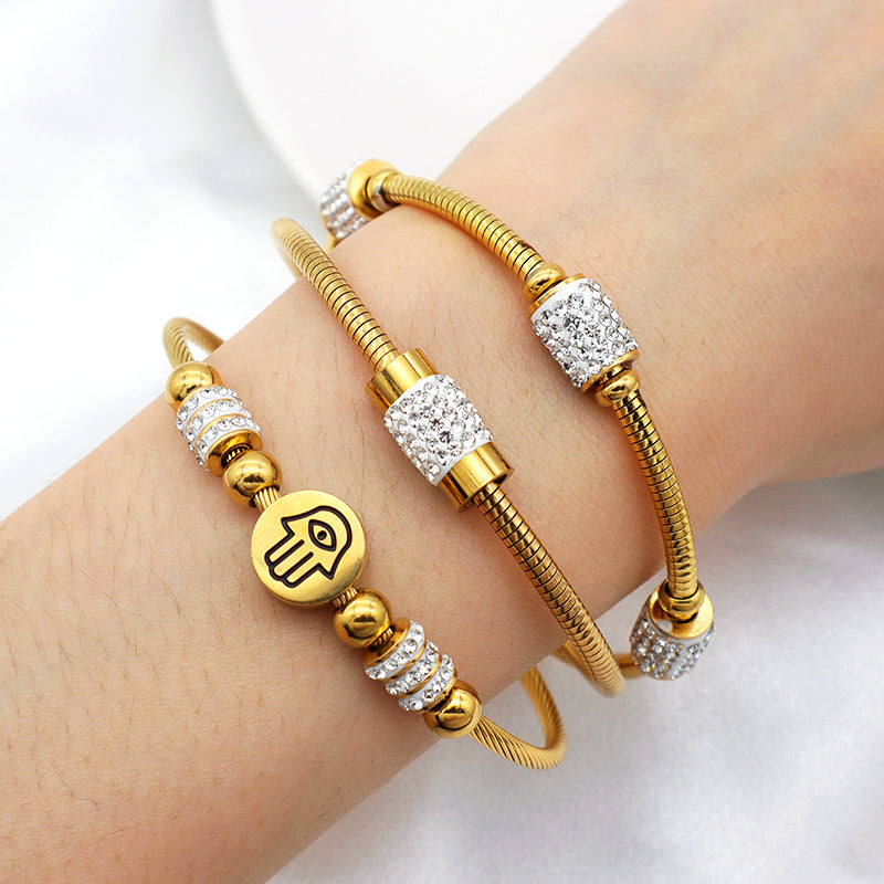 High quality 18K gold plated pave crystal charms stainless steel bangle bracelets