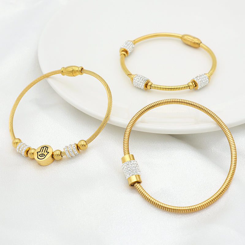 High quality 18K gold plated pave crystal charms stainless steel bangle bracelets