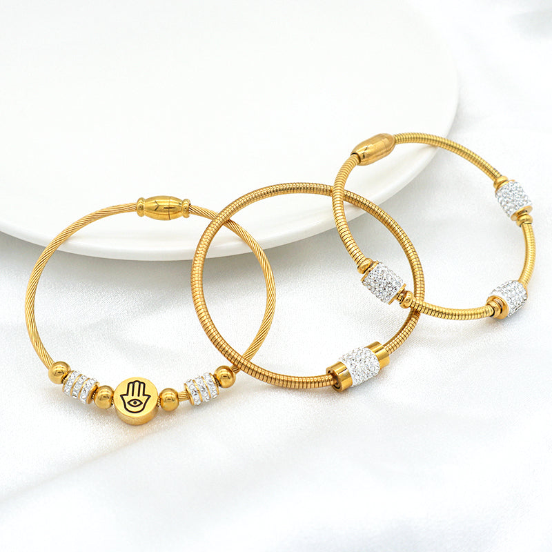 High quality 18K gold plated pave crystal charms stainless steel bangle bracelets