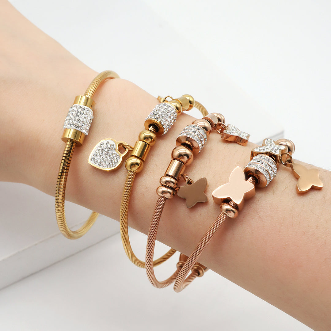 High quality 18K gold plated pave crystal charms stainless steel bangle bracelets