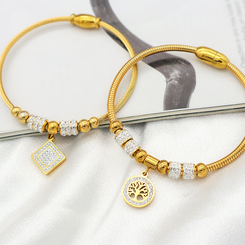 Women Girl 18k Gold Plated Stainless Steel Bangle Charm Bracelets